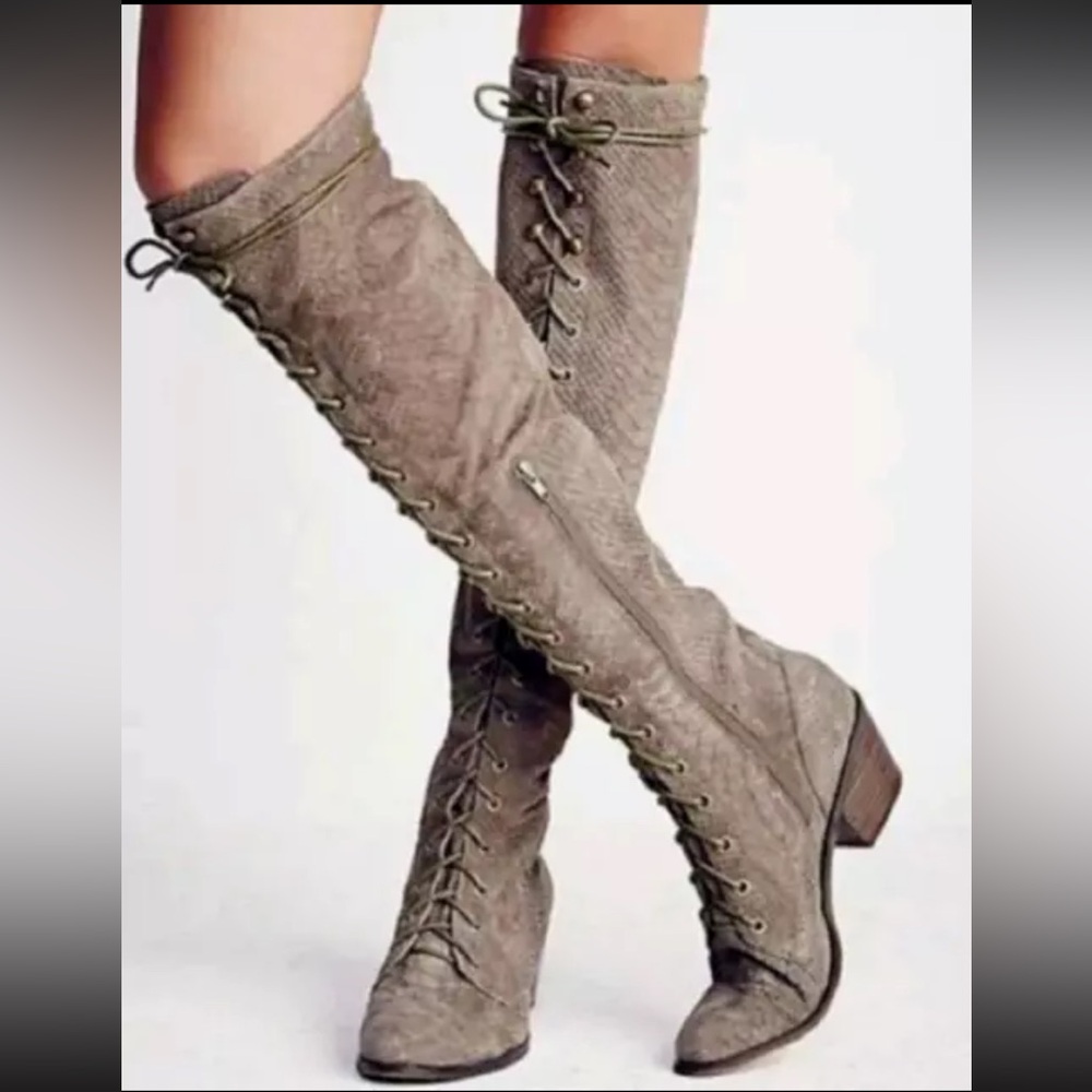 Jeffery Campbell x Free People Putty Python Snake Suede OTK Lace-Up Boots - Picture 3 of 11